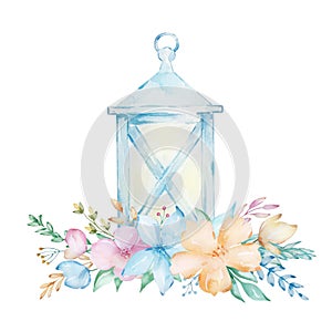 Watercolor blue lantern with a bouquet of delicate spring flowers