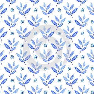 Watercolor blue leaves and flowers seamless pattern on a white background. floral