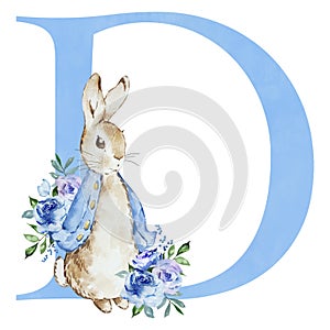 Watercolor blue letter D with Peter Rabbit