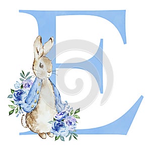 Watercolor blue letter E with Peter Rabbit