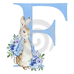 Watercolor blue letter F with Peter Rabbit