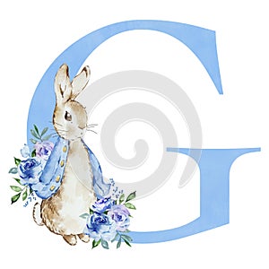 Watercolor blue letter G with Peter Rabbit