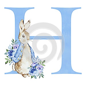 Watercolor blue letter H with Peter Rabbit