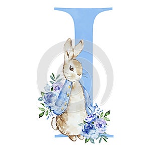 Watercolor blue letter I with Peter Rabbit