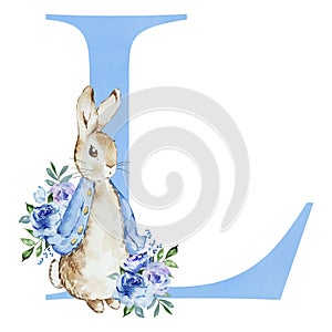 Watercolor blue letter L with Peter Rabbit