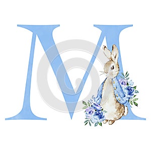 Watercolor blue letter M with Peter Rabbit
