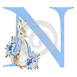 Watercolor blue letter N with Peter Rabbit