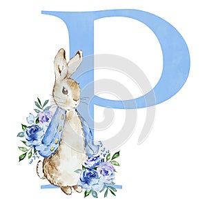 Watercolor blue letter P with Peter Rabbit