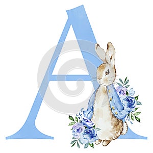 Watercolor blue letter A with Peter Rabbit