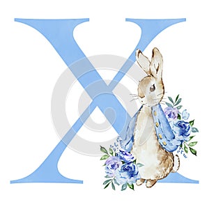 Watercolor blue letter X with Peter Rabbit