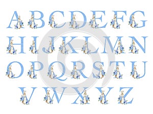 Watercolor blue letter X with Peter Rabbit