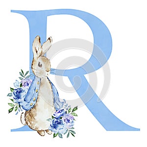 Watercolor blue letter R with Peter Rabbit