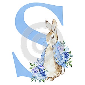 Watercolor blue letter S with Peter Rabbit