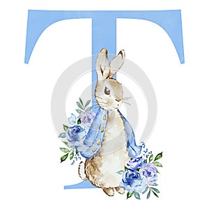 Watercolor blue letter T with Peter Rabbit