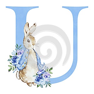 Watercolor blue letter U with Peter Rabbit