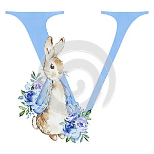 Watercolor blue letter V with Peter Rabbit