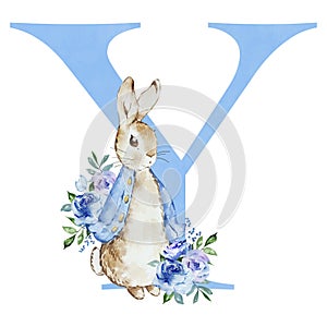 Watercolor blue letter Y with Peter Rabbit