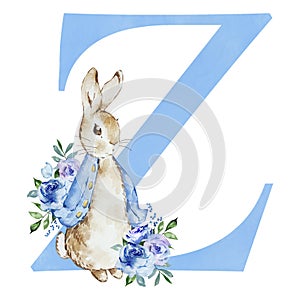 Watercolor blue letter Z with Peter Rabbit