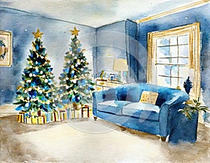 Watercolor of Blue living room with gold and blue Christmas tree