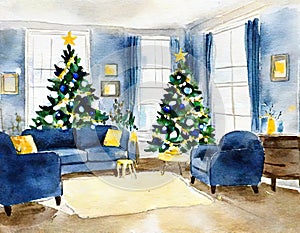 Watercolor of Blue living room with gold and blue Christmas tree