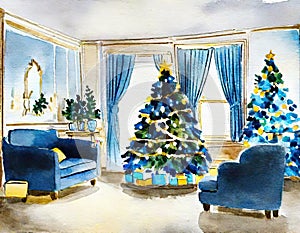 Watercolor of Blue living room with gold and blue Christmas tree