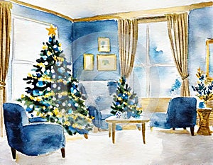 Watercolor of Blue living room with gold and blue Christmas tree