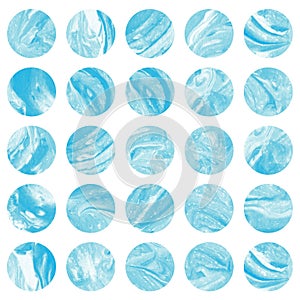 Watercolor blue marble circles over white.