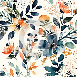 Watercolor blue navy orange bloom floral pattern background. Modern blossom garden flowers and greenery. Generative AI