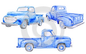 Watercolor blue old car pickup. Front view, side, back. On white background