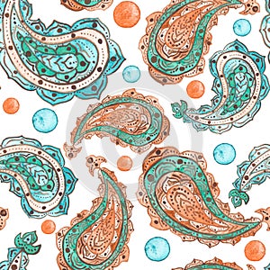 Watercolor Blue And Orange Paisley And Spots Seamless Pattern