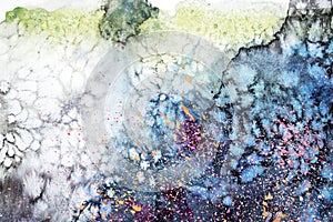 Watercolor blue pink purple stain drips blobs. Abstract watercolour illustration. photo