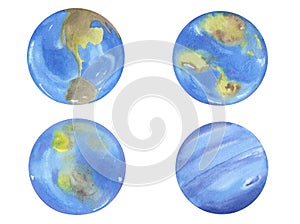 Watercolor Blue planets of the solar system Earth, Neptune. Outer Space planet