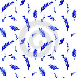 Watercolor Blue plants and herbals seamless pattern.