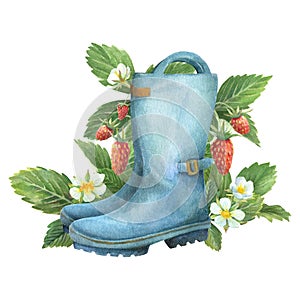 Watercolor blue rain boots with wild strawberries