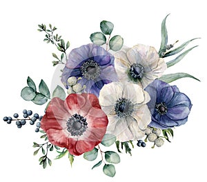 Watercolor blue, red and white anemone bouquet. Hand painted colorul flowers, brunia and privet berry, eucalyptus leaves photo
