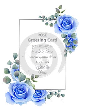Watercolor blue rose flower card Vector. Vintage greeting, wedding invitation, thank you note. Summer floral decor