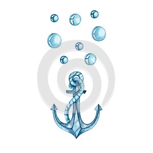 Watercolor Blue Sea Anchor with Rope on White Background