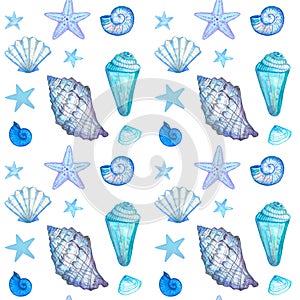 Watercolor blue seashells and stars seamless pattern