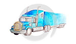 Watercolor blue semi-trailer truck as a tractor unit and semi-trailer to carry freight