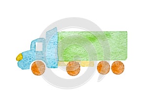 Watercolor blue semi-trailer truck as a tractor unit and semi-trailer to carry freight in white background isolated with