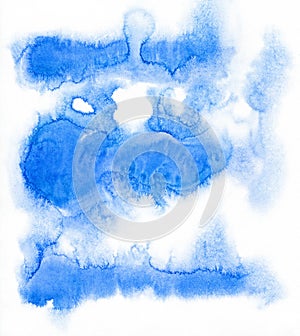 Watercolor. Blue spots on watercolor paper. Abstract blue spot on white background. Ink drop.