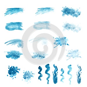 Watercolor blue spots, splashes for the image of the sea, waves, sky, clouds, fog, background, abstract seascapes with