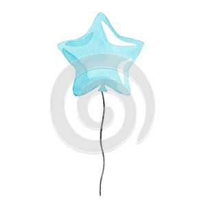 Watercolor blue star balloon with string isolated on white background