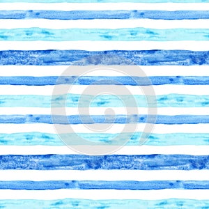 Watercolor blue stripe seamless pattern. Summer hand painted background with stripes. Nautical marine print