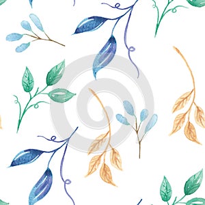 Watercolor Blue Summer Berries Leaves Leaf Seamless Pattern