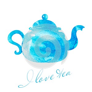 Watercolor blue teapot illustration. Cafe and tea bar picture.