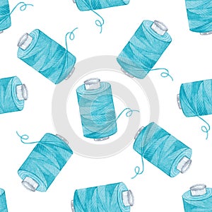 Watercolor blue thread bobbin seamless pattern on white