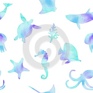 Watercolor blue underwater animals and fishes silhouettes seamless pattern on white background