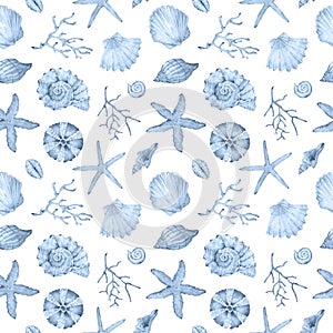 Watercolor blue underwater life pattern. Sea shells, stars and aquatic animals. Undersea pattern.