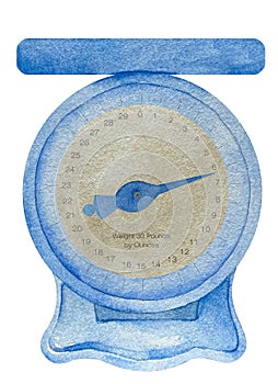Watercolor blue vintage old weight scale for infant in pounds. Illustration of obstetric scales for baby shower